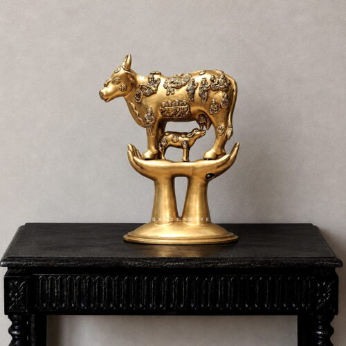 Handcrafted Brass Kamdhenu Cow with Calf Statue - 16.5 inches