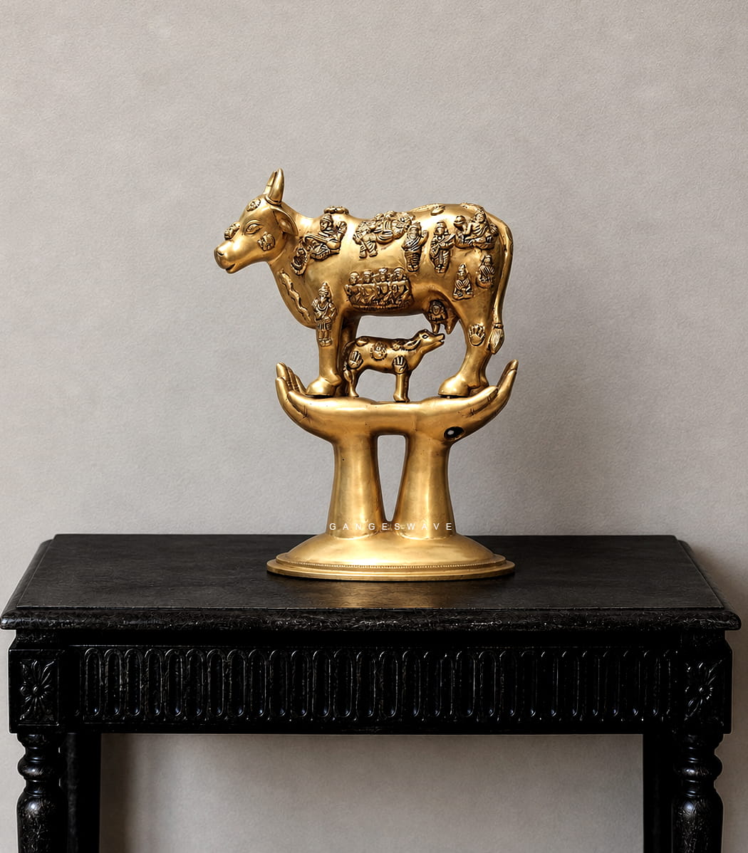 Handcrafted Brass Kamdhenu Cow with Calf Statue - 16.5 inches