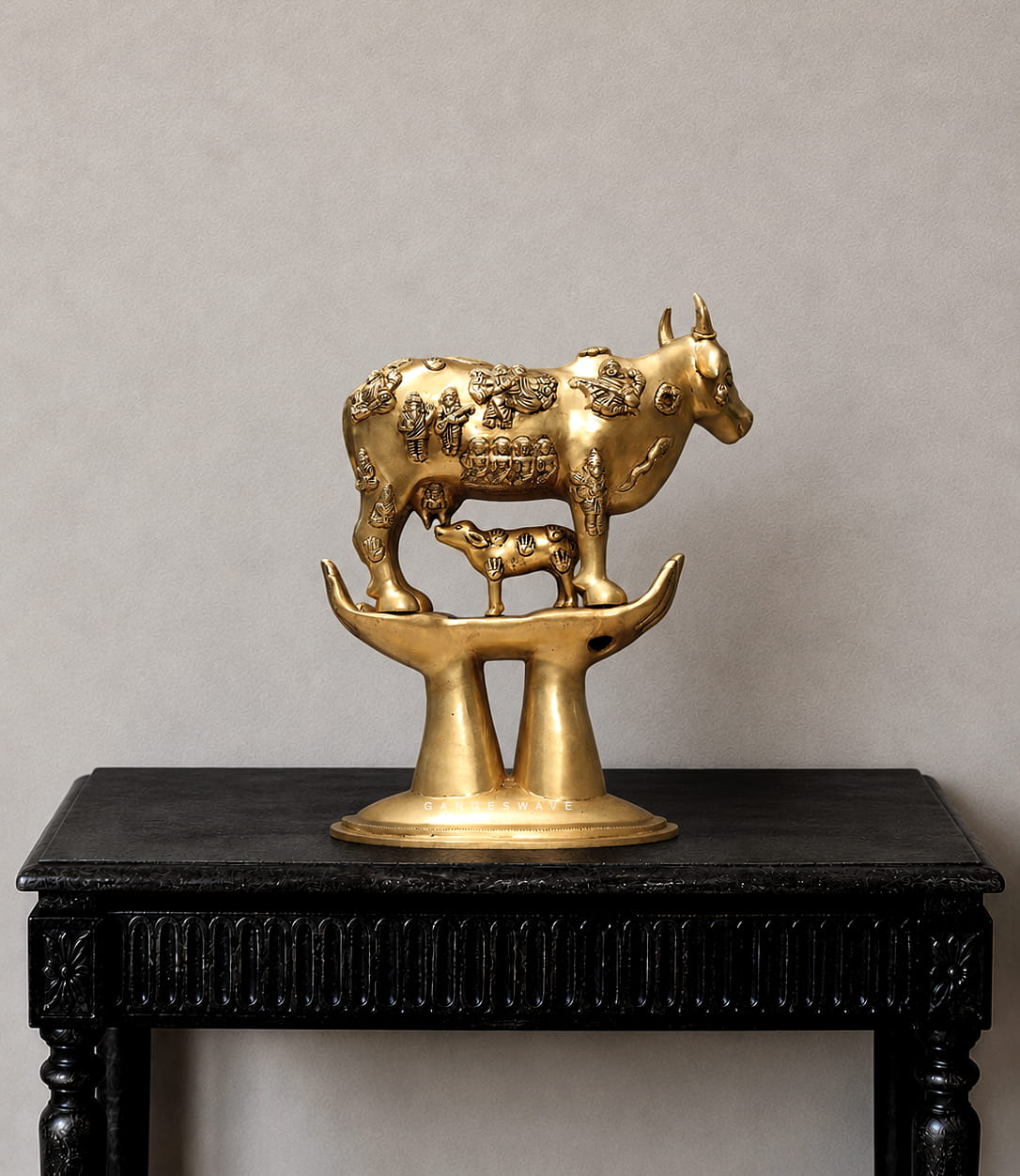 Handcrafted Brass Kamdhenu Cow with Calf Statue - 16.5 inches - Image 2