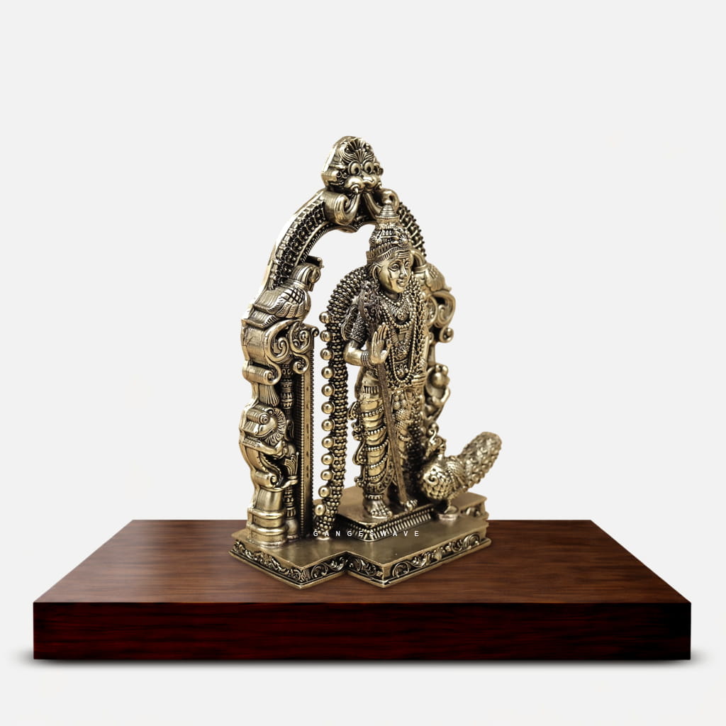 8 inches Superfine Brass Lord Murugan Idol with Peacock & Ornate Prabhavali (Copy) - Image 2