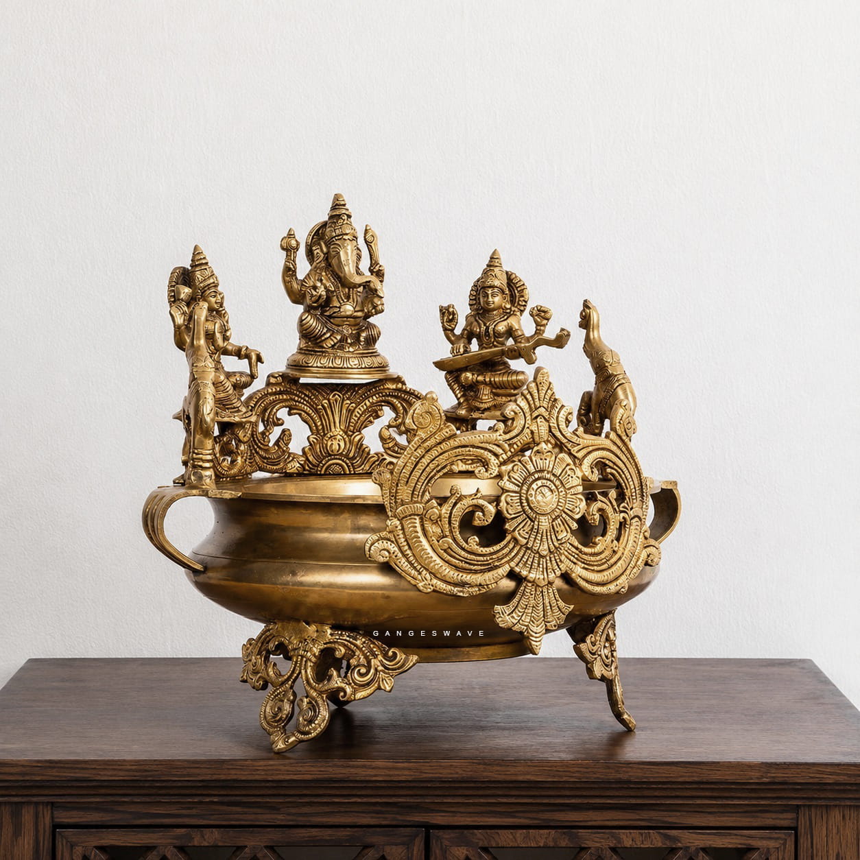 Brass Urli with MaLakshmi Ma Saraswati and Ganeshji Idol - - Image 2