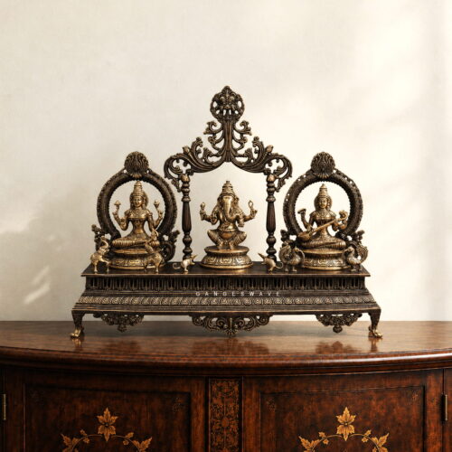 Superfine Brass Lakshmi Ganesha Saraswati Idol on Sinhasana - 21 inches