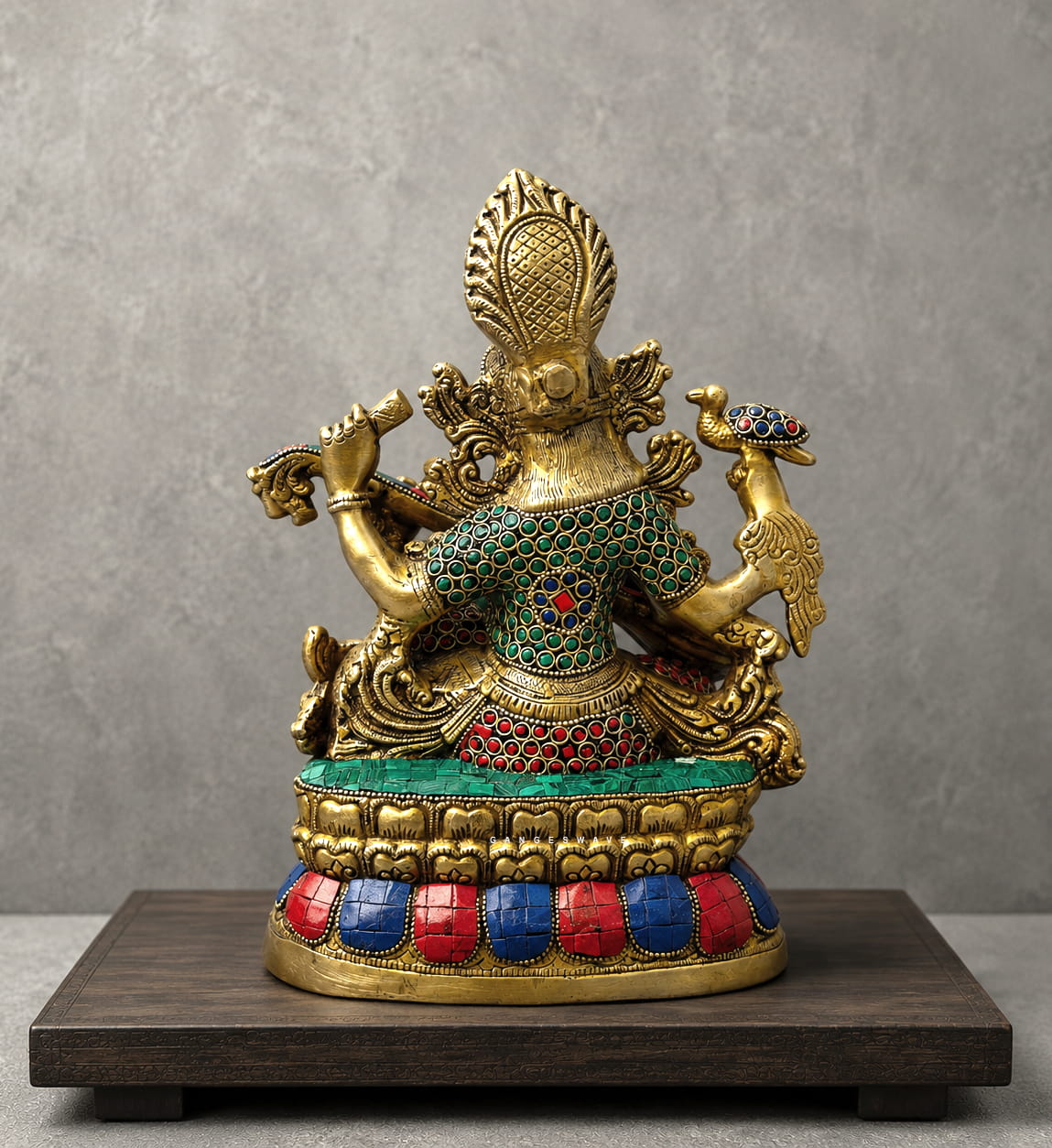 Brass Goddess Saraswati Statue with Meenakari Work - 11 inches - Image 2