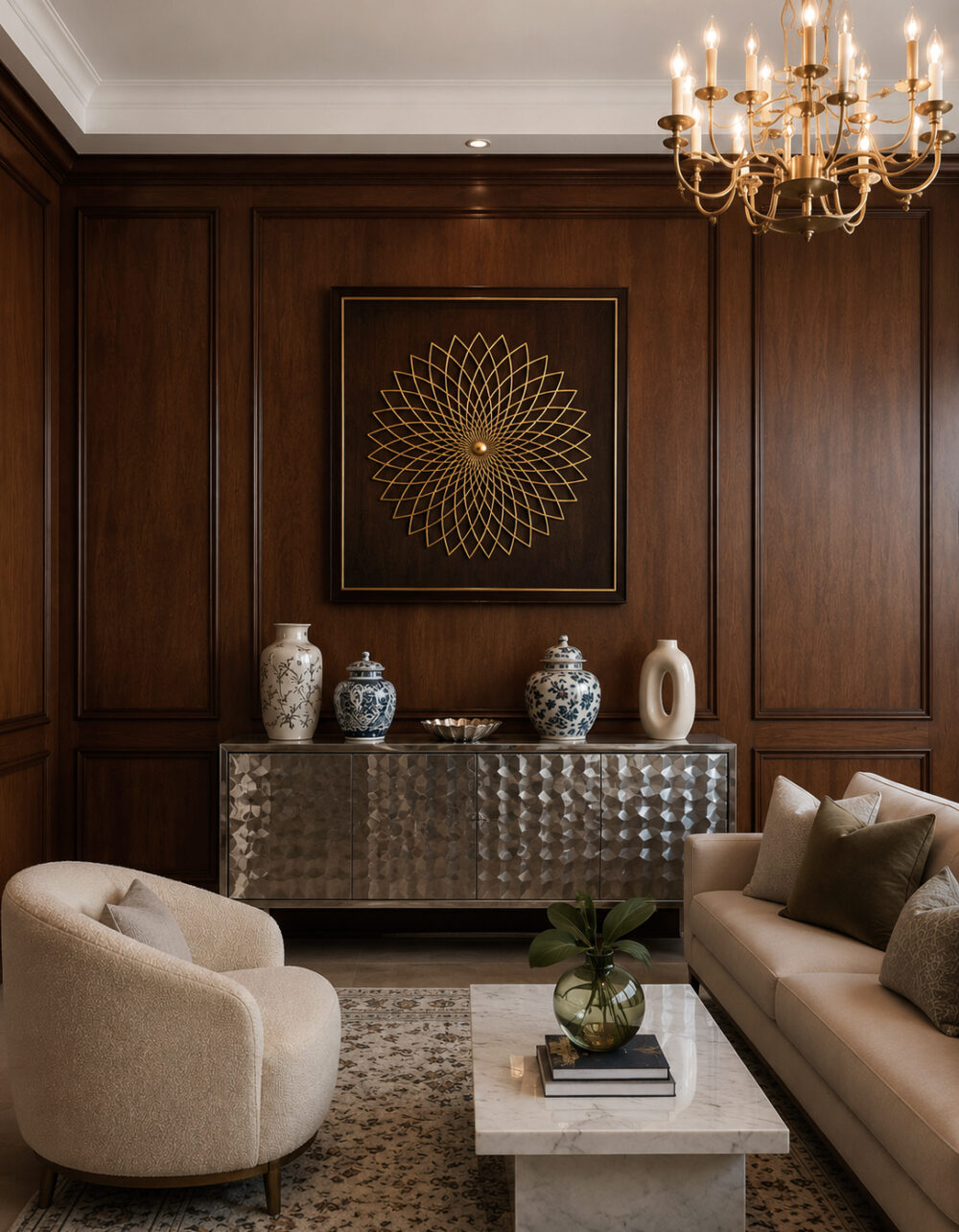 Luxury handcrafted Brass Mandala Wall Art featuring an intricate geometric floral pattern in premium solid brass for modern living rooms, luxury interiors, hotels, offices, and designer wall décor.