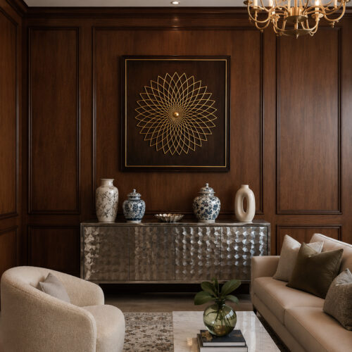Luxury handcrafted Brass Mandala Wall Art featuring an intricate geometric floral pattern in premium solid brass for modern living rooms, luxury interiors, hotels, offices, and designer wall décor.
