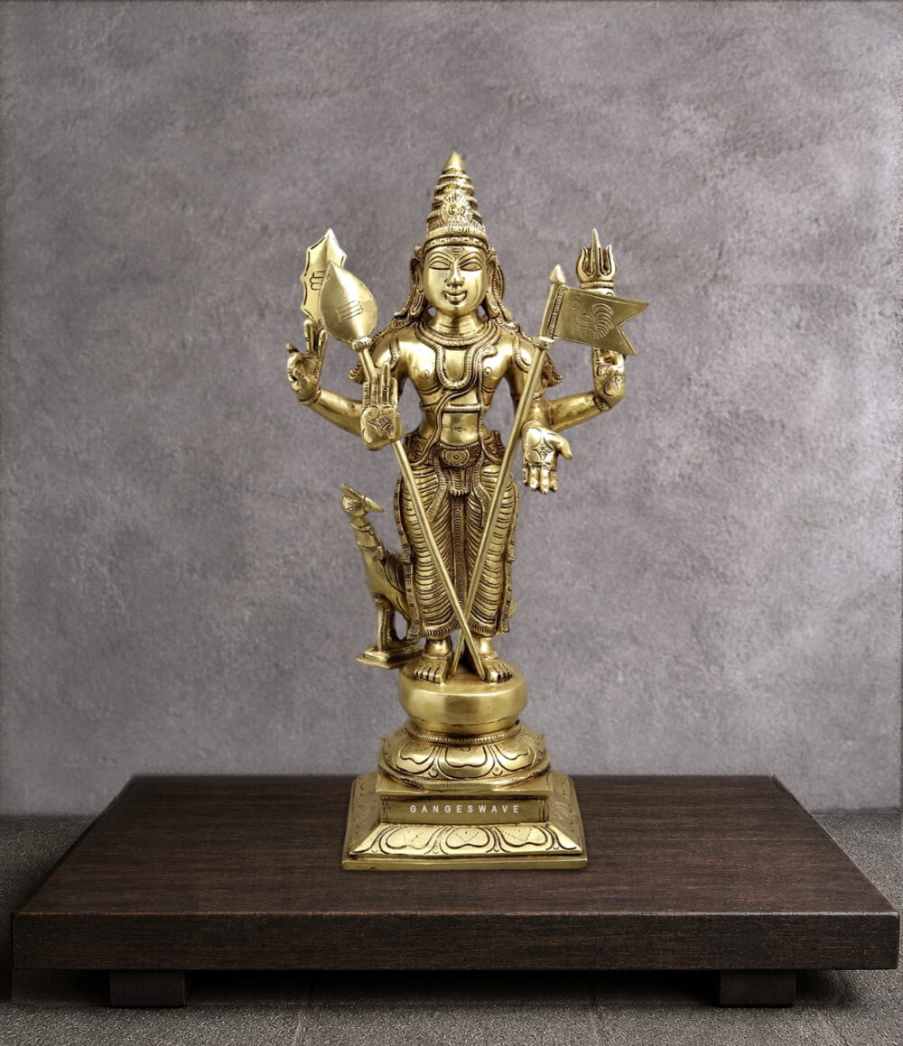 Handmade premium solid brass Lord Murugan statue holding Vel, Trishul and Seval Kodi with peacock, ideal for home temple, puja room and luxury spiritual décor.