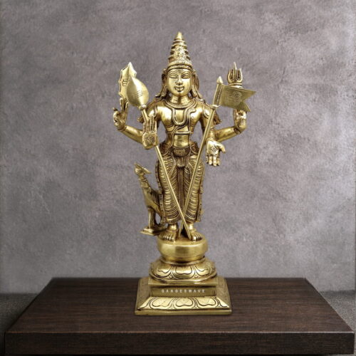 Handmade premium solid brass Lord Murugan statue holding Vel, Trishul and Seval Kodi with peacock, ideal for home temple, puja room and luxury spiritual décor.