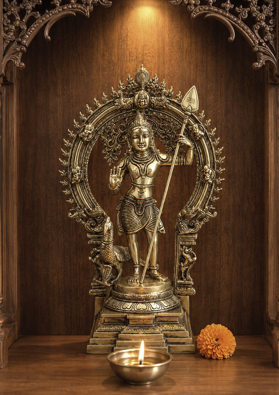 Handmade premium solid brass Lord Murugan statue with sacred Vel, ornate Prabhavali arch and peacock for home temple, spiritual décor and luxury interiors.
