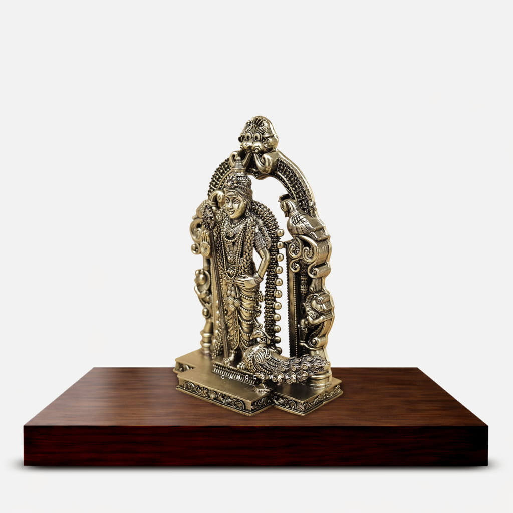 8 inches Superfine Brass Lord Murugan Idol with Peacock & Ornate Prabhavali (Copy) - Image 3