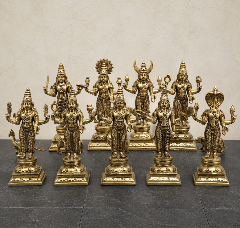 Premium handcrafted Brass Navagraha Idol Set featuring nine individually crafted planetary deities on lotus pedestals for home temple, Navagraha pooja, Vastu, and temple installation.