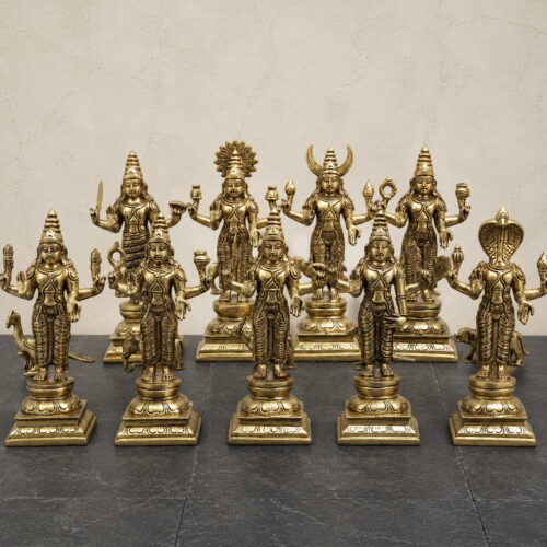 Premium handcrafted Brass Navagraha Idol Set featuring nine individually crafted planetary deities on lotus pedestals for home temple, Navagraha pooja, Vastu, and temple installation.