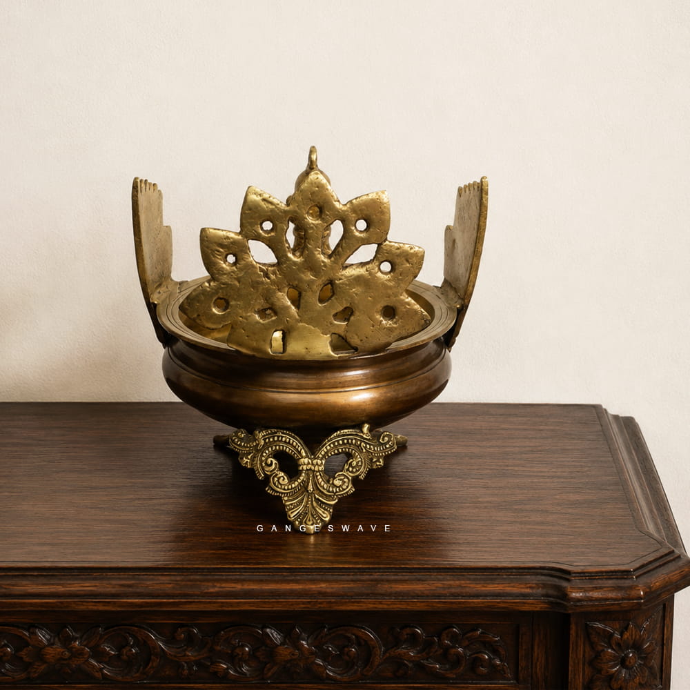 Brass Urli with Peacock Decor - 8.5 inches - Image 3