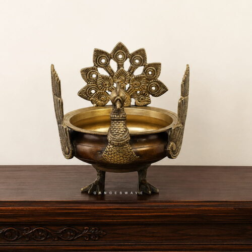Brass Urli with Peacock Decor - 8.5 inches