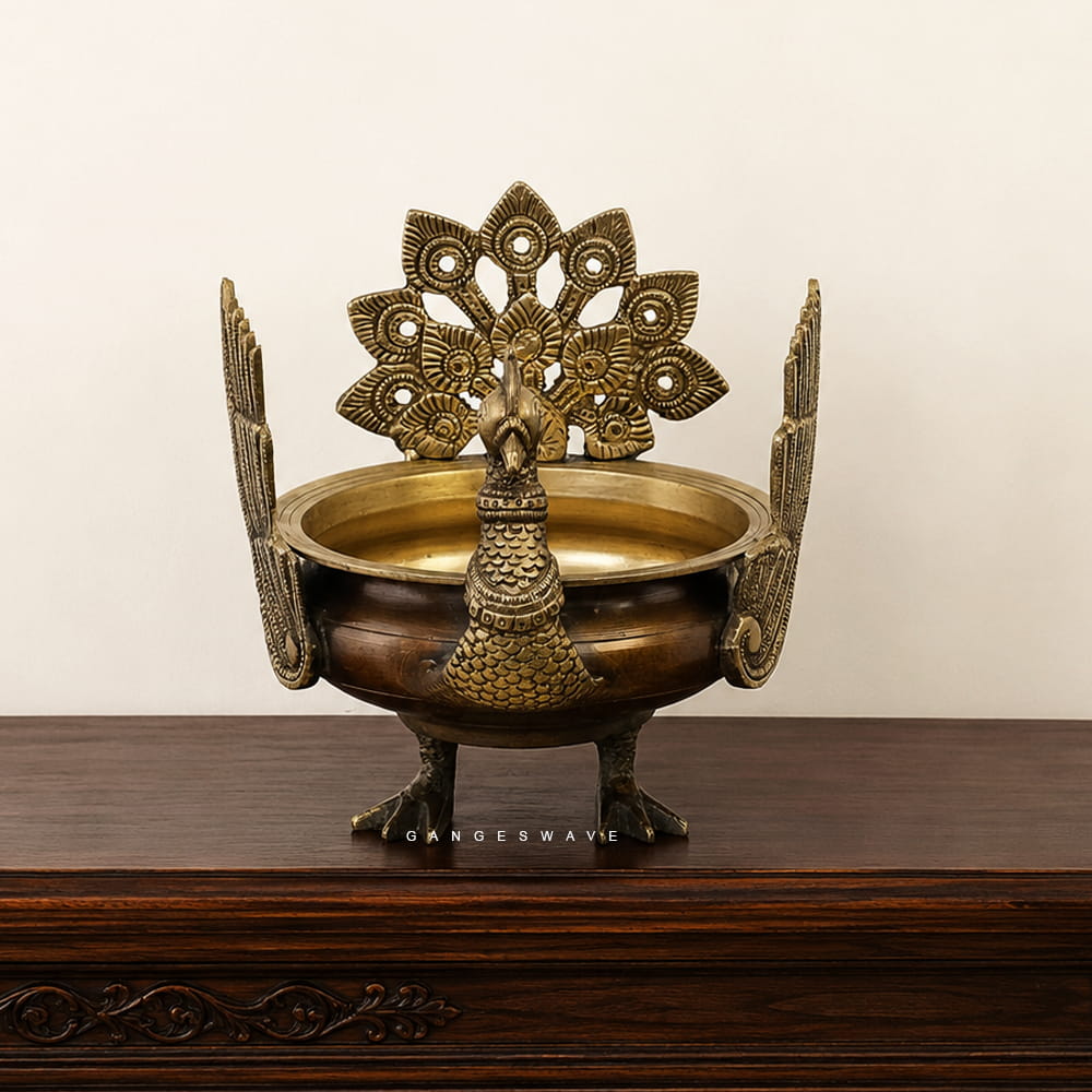 Brass Urli with Peacock Decor - 8.5 inches
