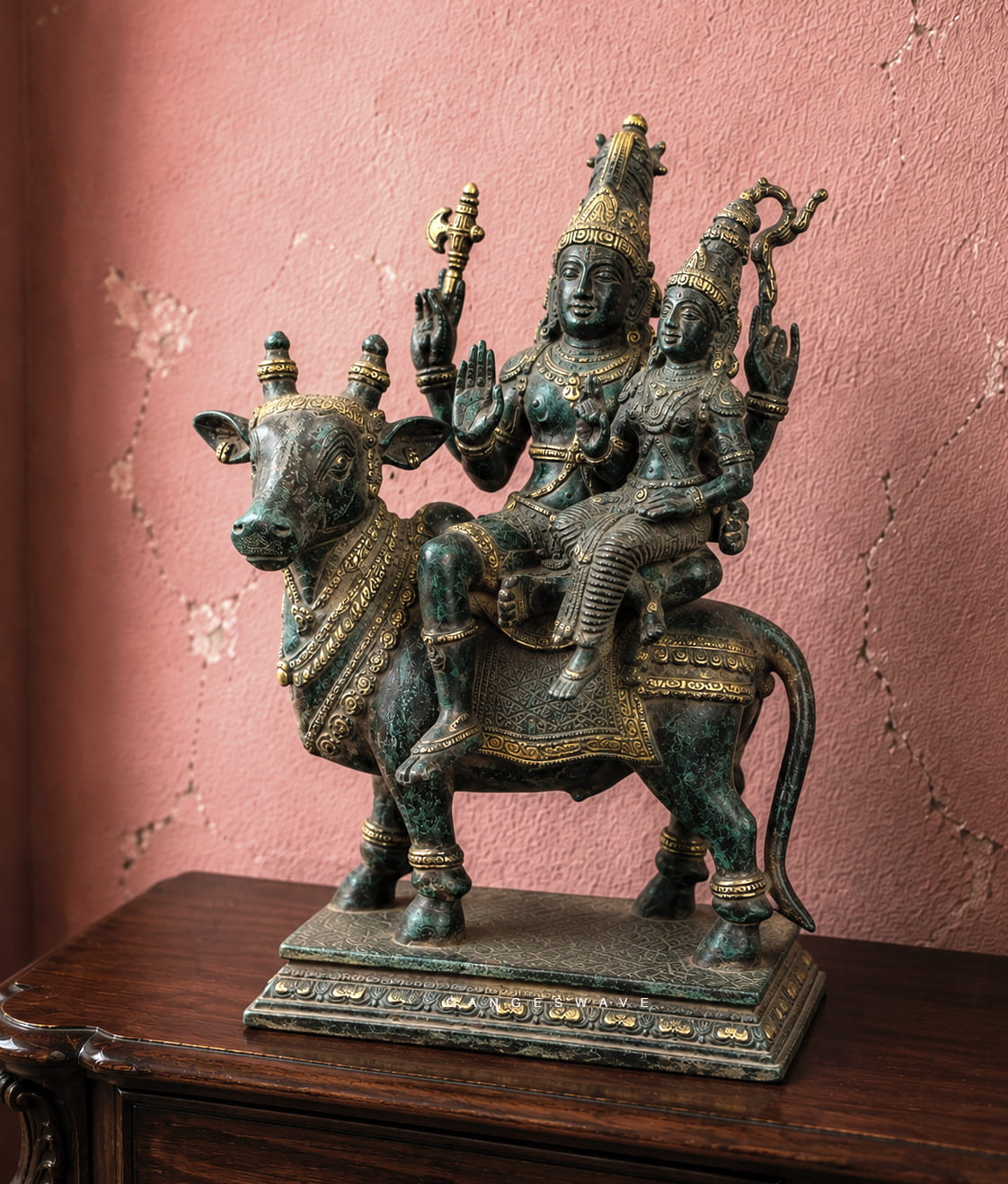 Vintage Finish Brass Shiv Parvati on Nandi Statue - 12.5 inches - Image 4