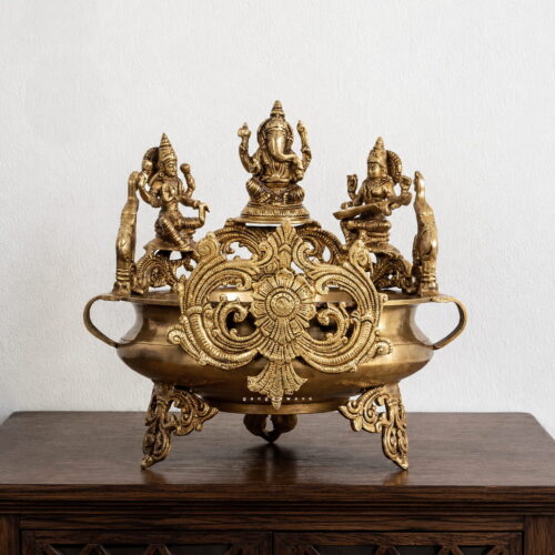 Brass Urli with MaLakshmi Ma Saraswati and Ganeshji Idol -
