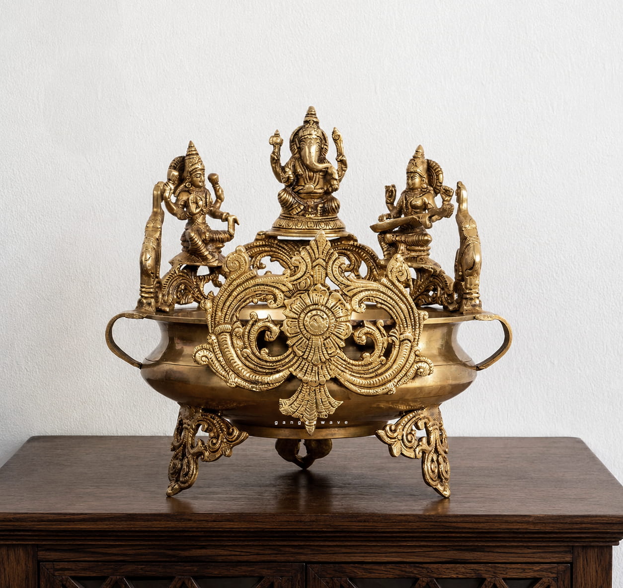 Brass Urli with MaLakshmi Ma Saraswati and Ganeshji Idol -