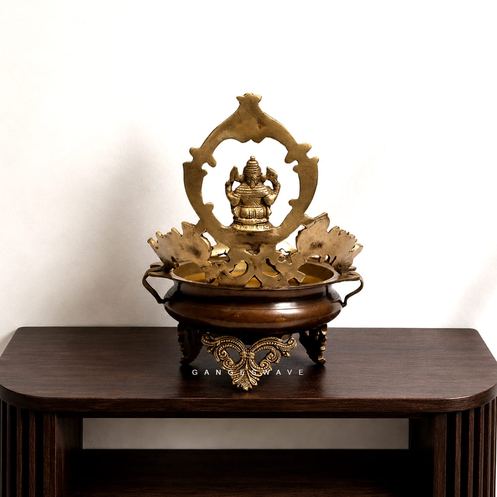 Brass Urli with Lord Ganesh and Peacock - 12 inches - Image 2