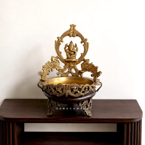 Brass Urli with Lord Ganesh and Peacock - 12 inches