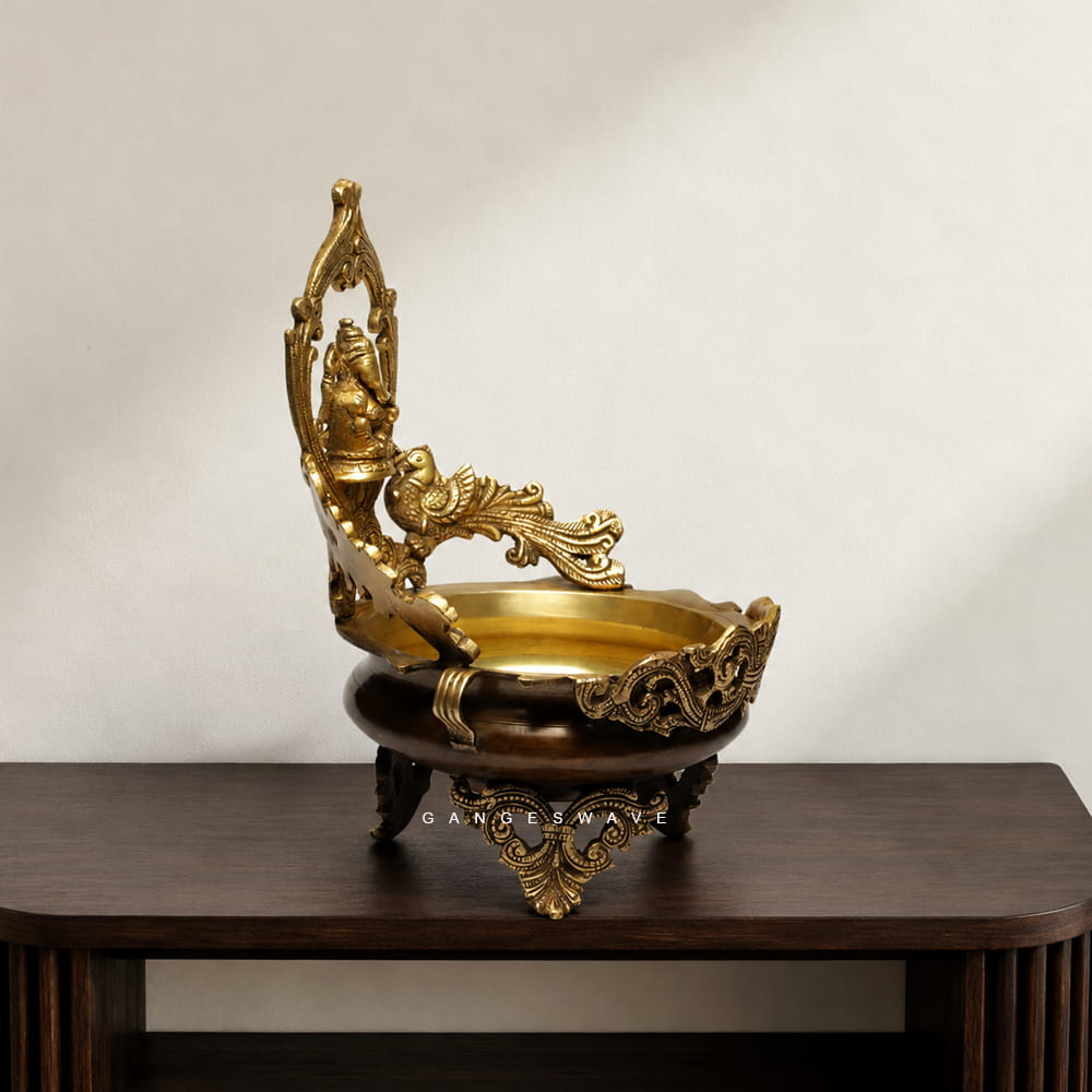 Brass Urli with Lord Ganesh and Peacock - 12 inches - Image 4