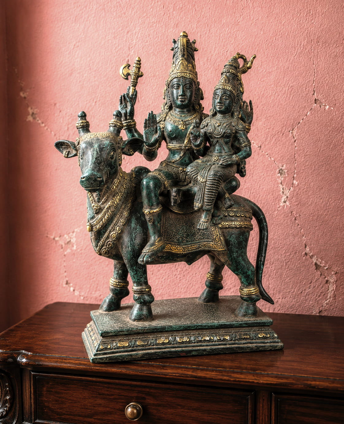Vintage Finish Brass Shiv Parvati on Nandi Statue - 12.5 inches - Image 3