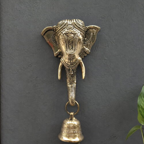 Elephant Brass Wall Hanging with Bell - 10 inch