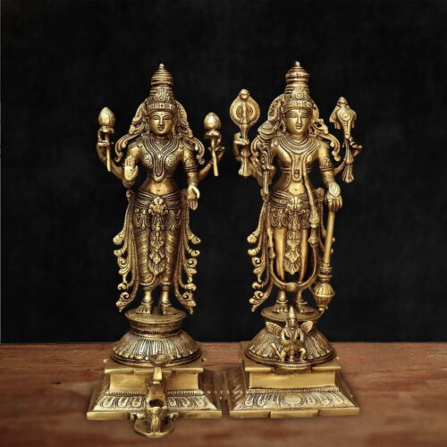 Chola inspired Lakshmi Vishnu Antique Gold brass statue - 15 inches