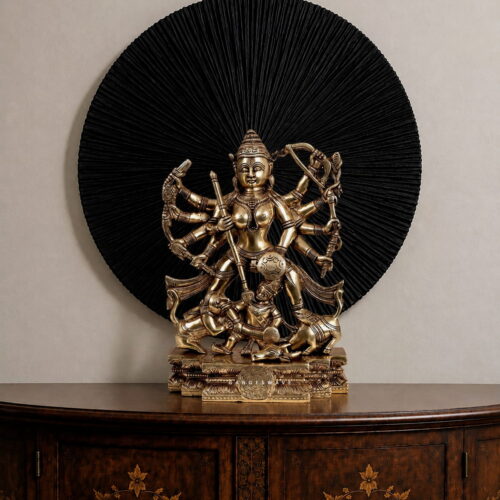 Brass Mahishasura Mardini Statue depicting Goddess Durga with multiple arms and an intricately detailed pedestal