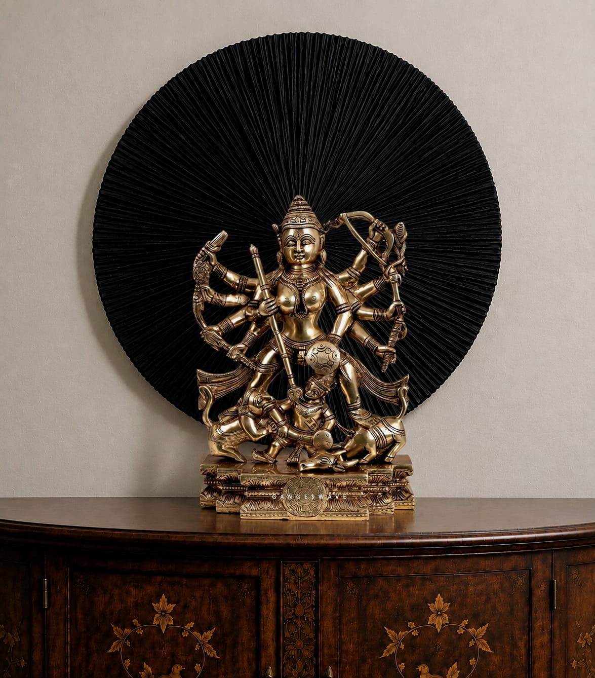 Brass Mahishasura Mardini Statue depicting Goddess Durga with multiple arms and an intricately detailed pedestal