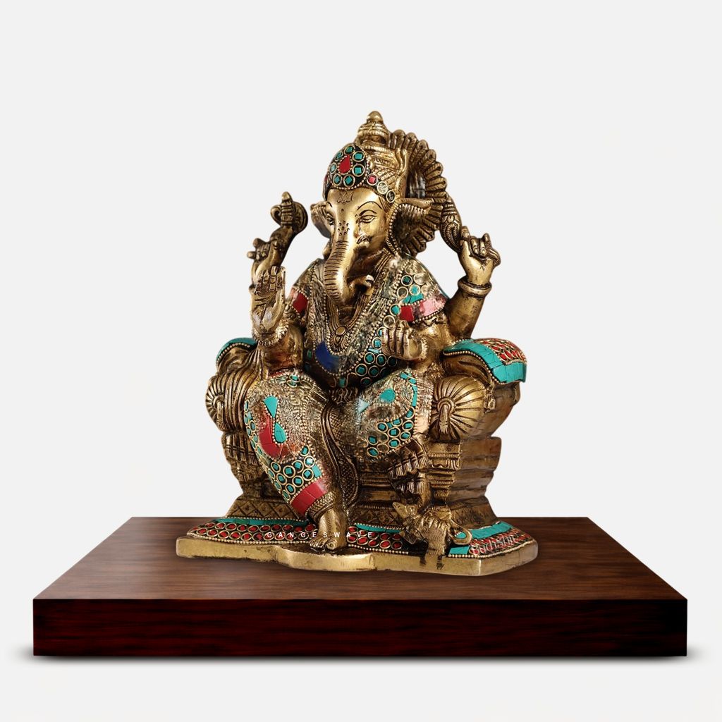 Meenakari Brass Ganesha Idol with Decorative Takiya Throne - Image 5