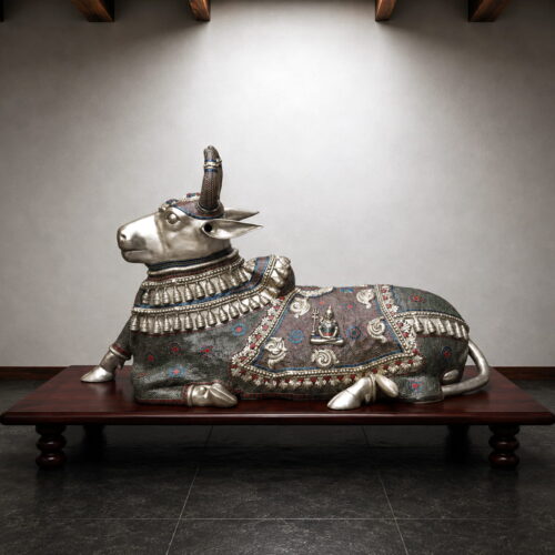 Large Superfine Golden Nandi Brass Statue in Meenakari - 81 inches