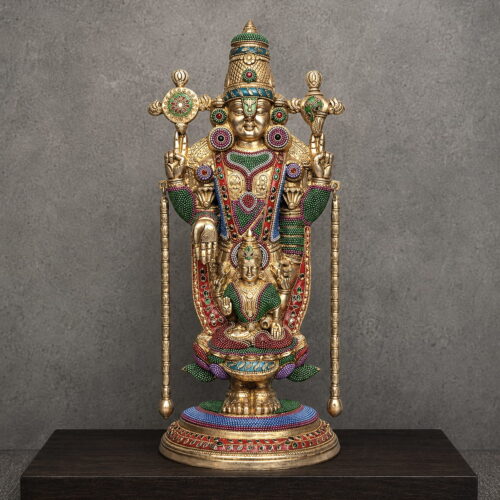 Premium handcrafted Meenakari brass Tirupati Balaji statue featuring Lord Venkateswara with intricate stonework for home temple, pooja room and luxury décor.