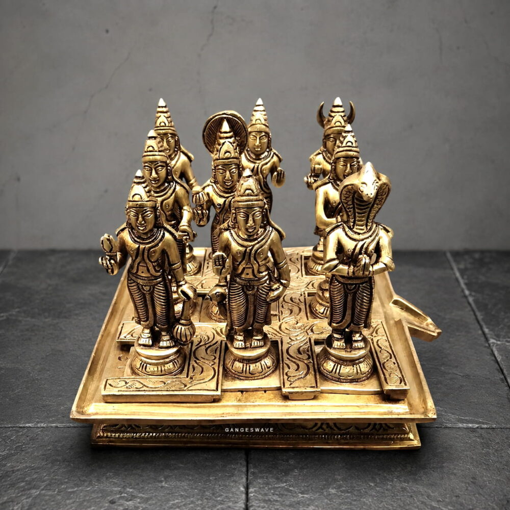 Premium handcrafted brass Navagraha statue set featuring nine planetary deities on an engraved brass pedestal for home temple, pooja and Vastu.