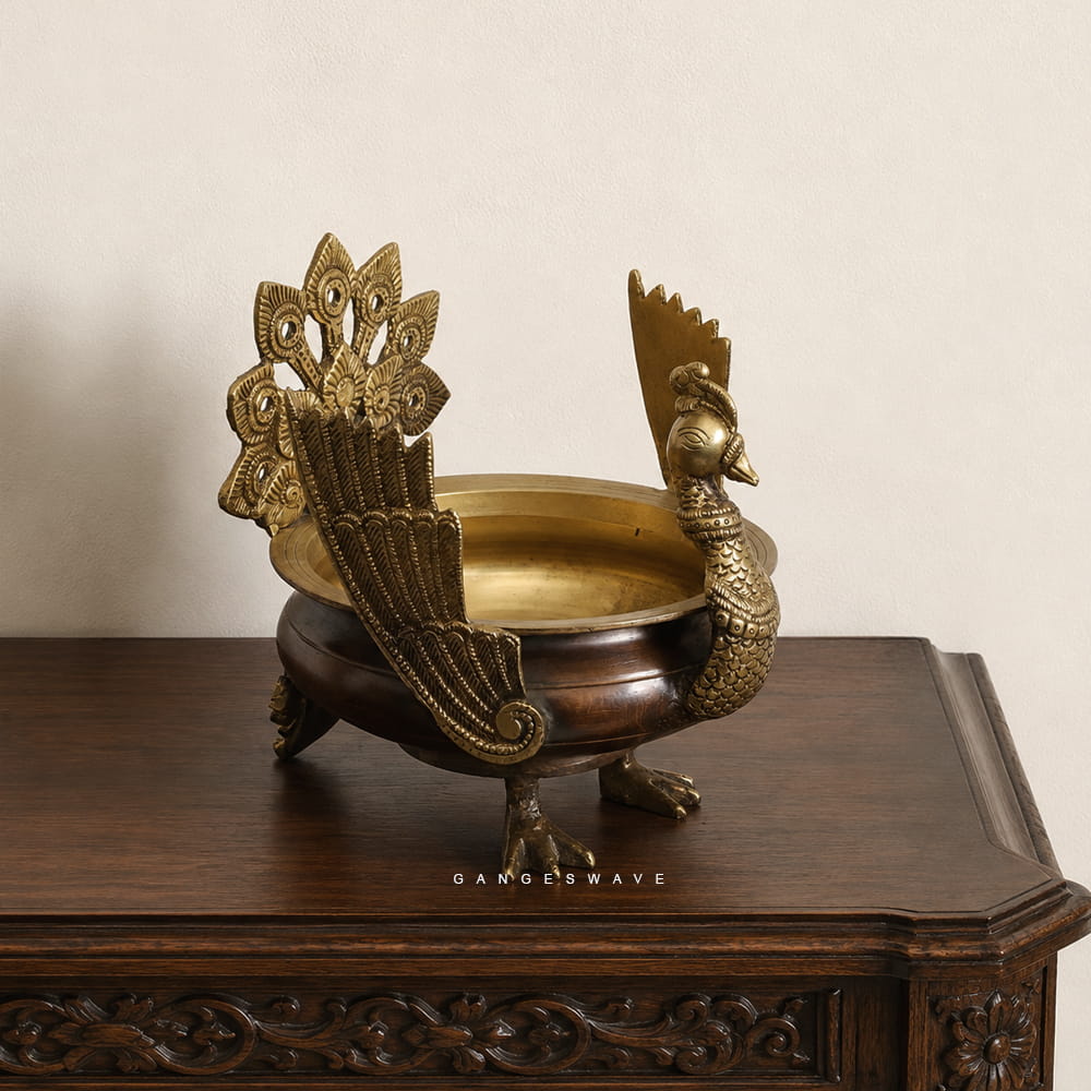 Brass Urli with Peacock Decor - 8.5 inches - Image 4