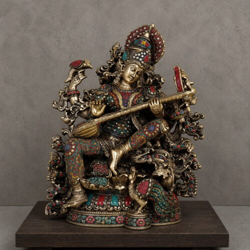 Superfine Meenakari Brass Goddess Saraswati Statue - 17 inches