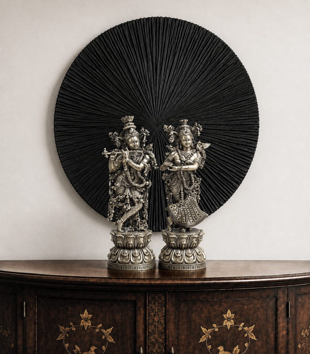 11-inch handcrafted Brass Radha Krishna Idol depicting Krishna playing the flute with Radha on ornate lotus pedestals