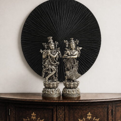 11-inch handcrafted Brass Radha Krishna Idol depicting Krishna playing the flute with Radha on ornate lotus pedestals