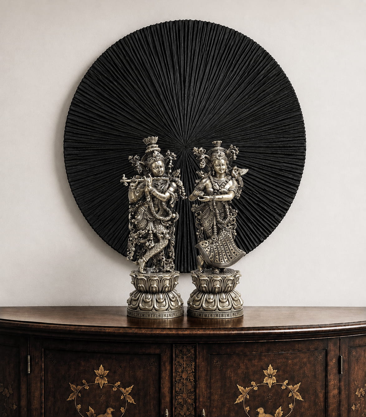 11-inch handcrafted Brass Radha Krishna Idol depicting Krishna playing the flute with Radha on ornate lotus pedestals