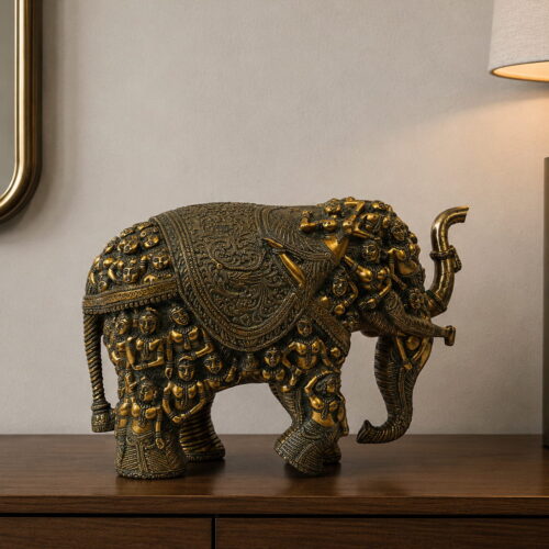 Handcrafted brass elephant statue with intricate Indian art