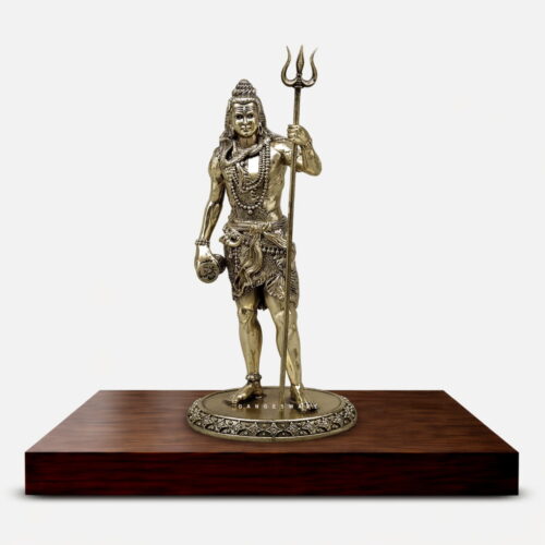 Standing Lord Shiva brass statue with Trishul and damaru, handcrafted Mahadev idol for home temple and spiritual décor
