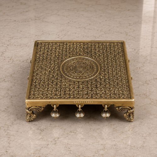 Antique Finish Brass Chowki with Bells - 8 inch