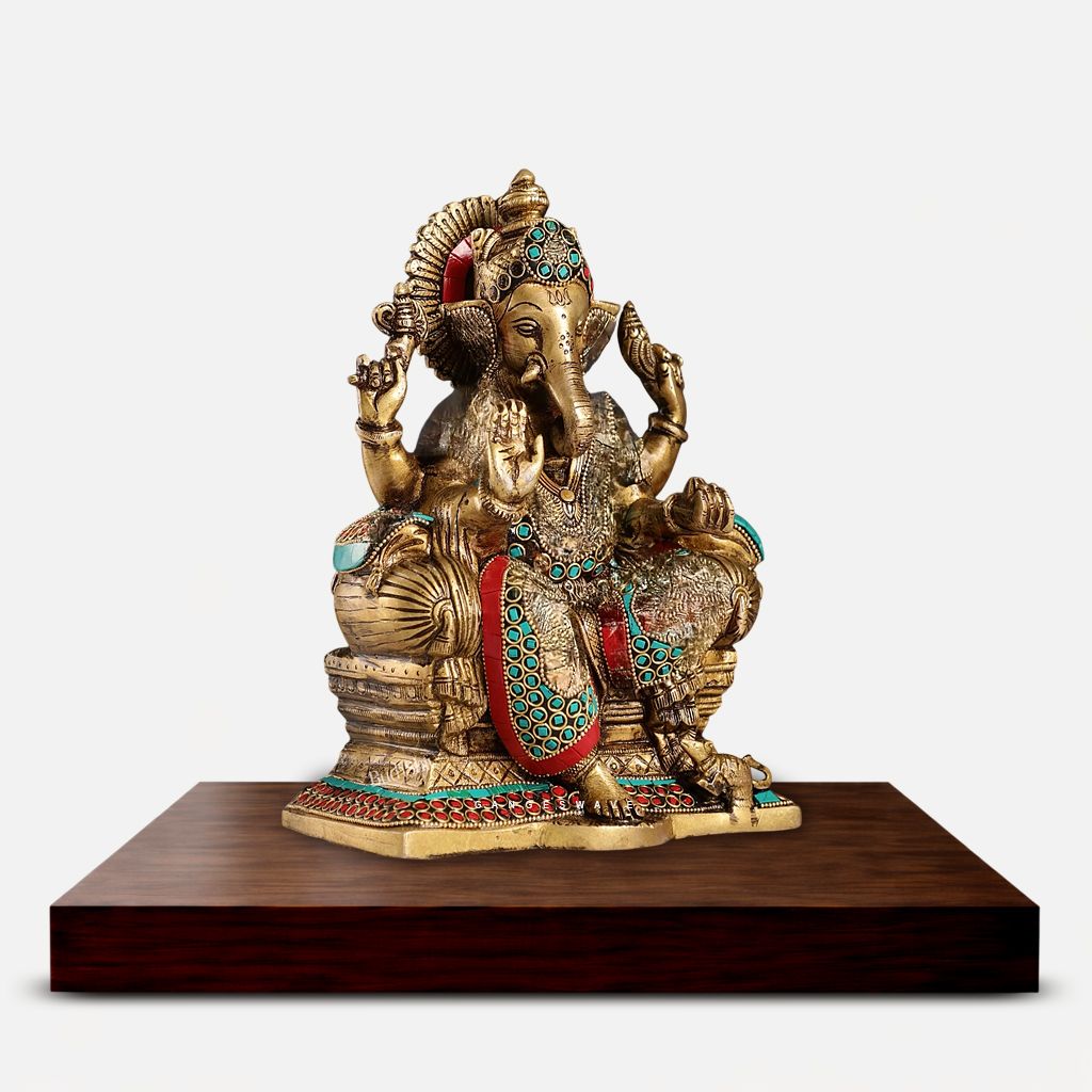Meenakari Brass Ganesha Idol with Decorative Takiya Throne - Image 4