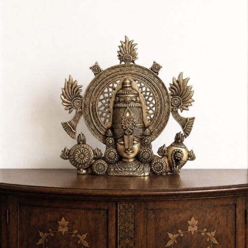 Premium handcrafted Brass Tirupati Balaji Bust featuring Lord Venkateswara with an intricately carved Prabhavali, Shankha, Chakra, and traditional South Indian temple motifs.