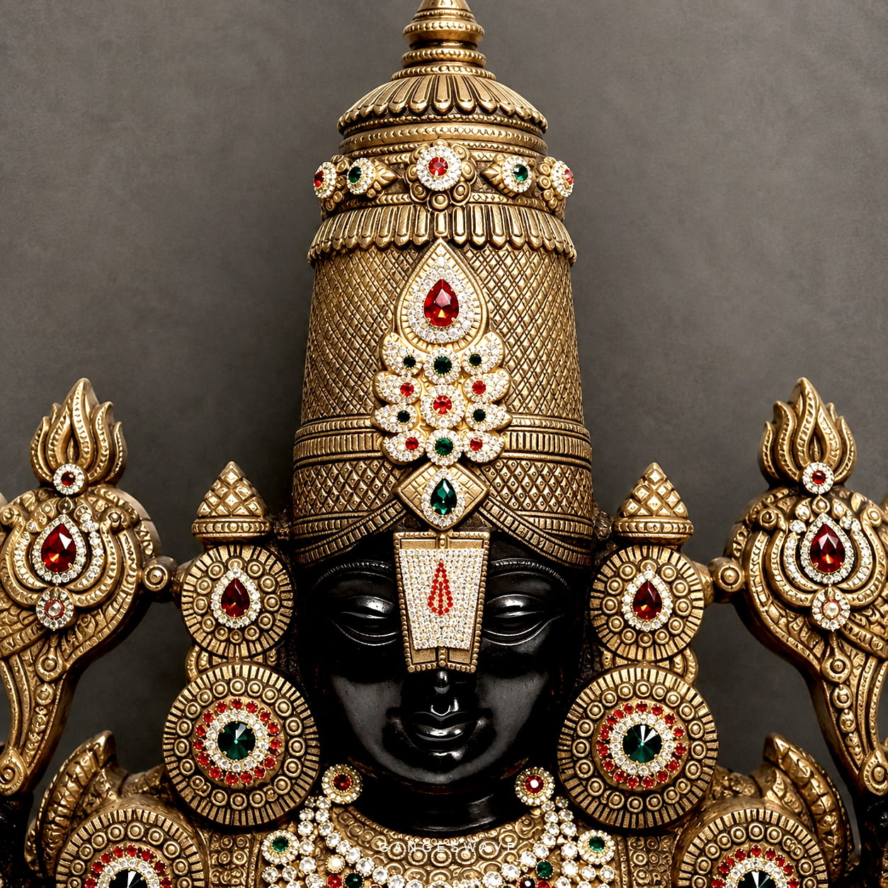 Tirupati Balaji Brass Bust Idol with Intricate Gold-Tone Crown & Gemstone Detailing - Image 2
