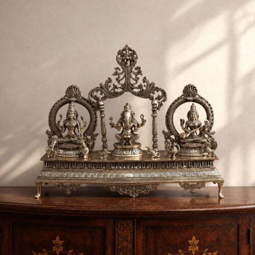 Superfine brass Lakshmi Ganesha Saraswati idol with ornate decorative arch