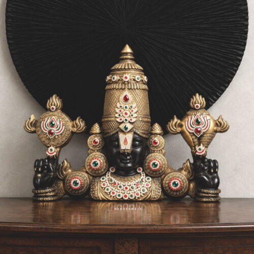 Tirupati Balaji Brass Bust Idol with Intricate Gold-Tone Crown & Gemstone Detailing