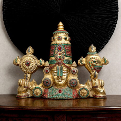 Tirupati Balaji Brass Bust Idol with Intricate seme-precious stone inlay work