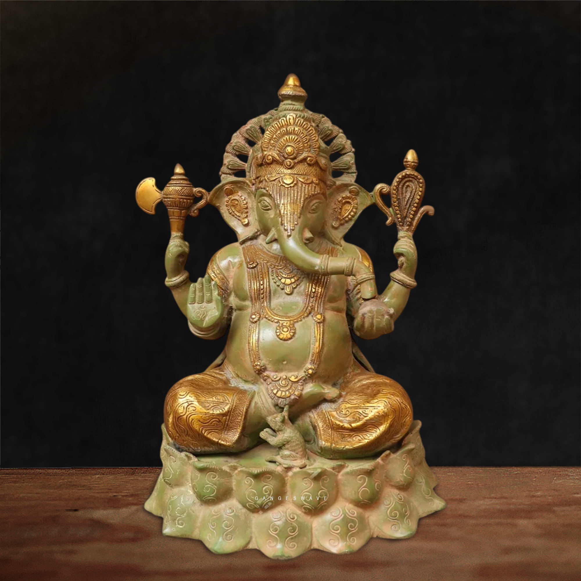 Ganeshji Brass Murti Sitting on Lotus - 16 inches