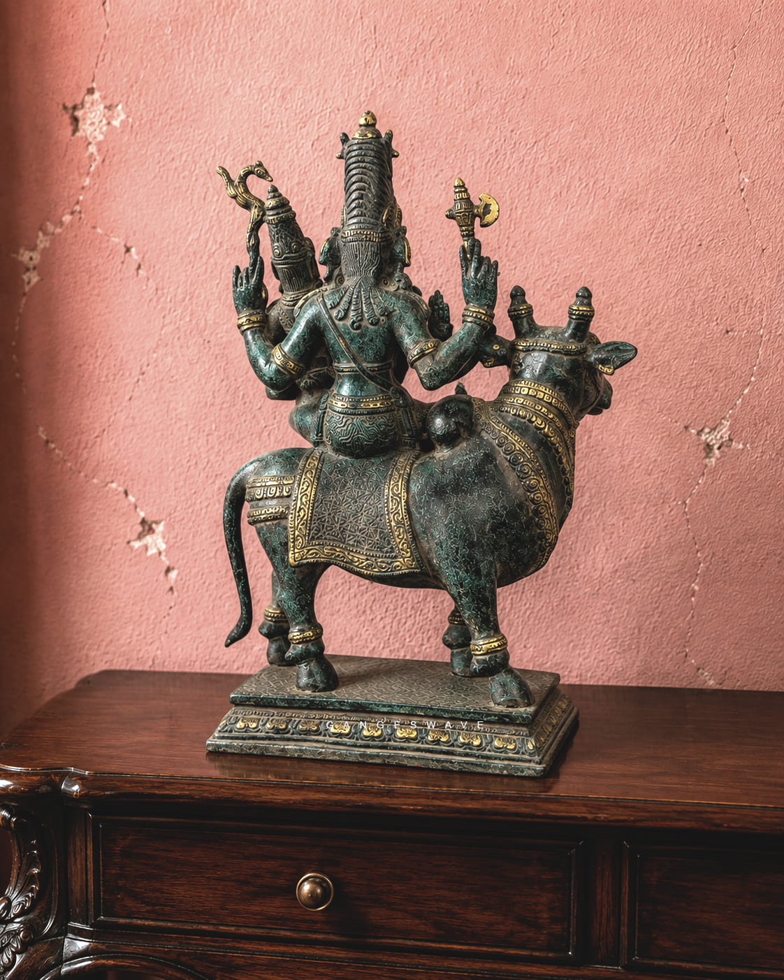 Vintage Finish Brass Shiv Parvati on Nandi Statue - 12.5 inches - Image 2