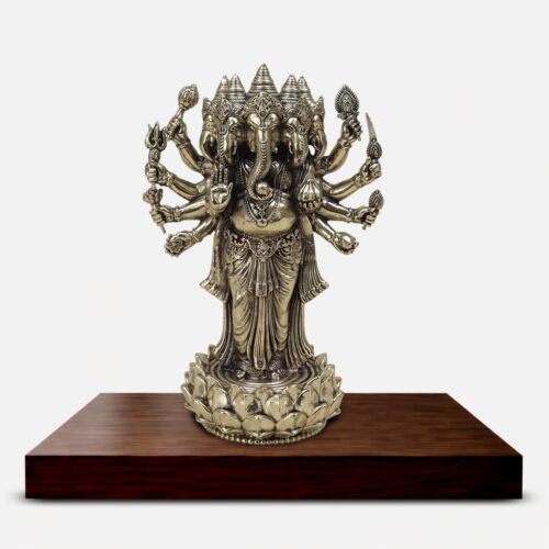 Panchmukhi brass Ganesh murti with five faces, multiple arms and ornate lotus pedestal